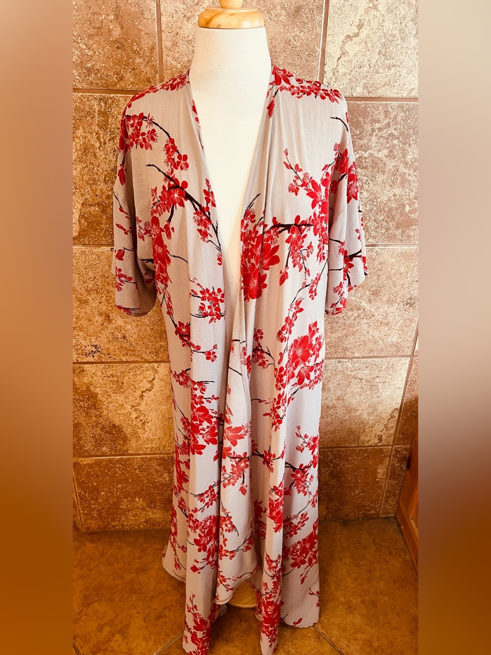 Turquoise Haven Floral Kimono Duster with Red Blossom Print One Size